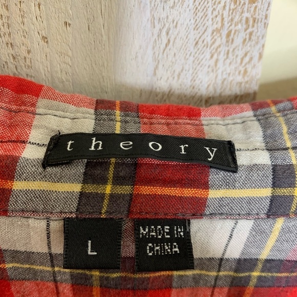 Theory Red Plaid Raw Hem Button Down Shirt - Picture 2 of 10